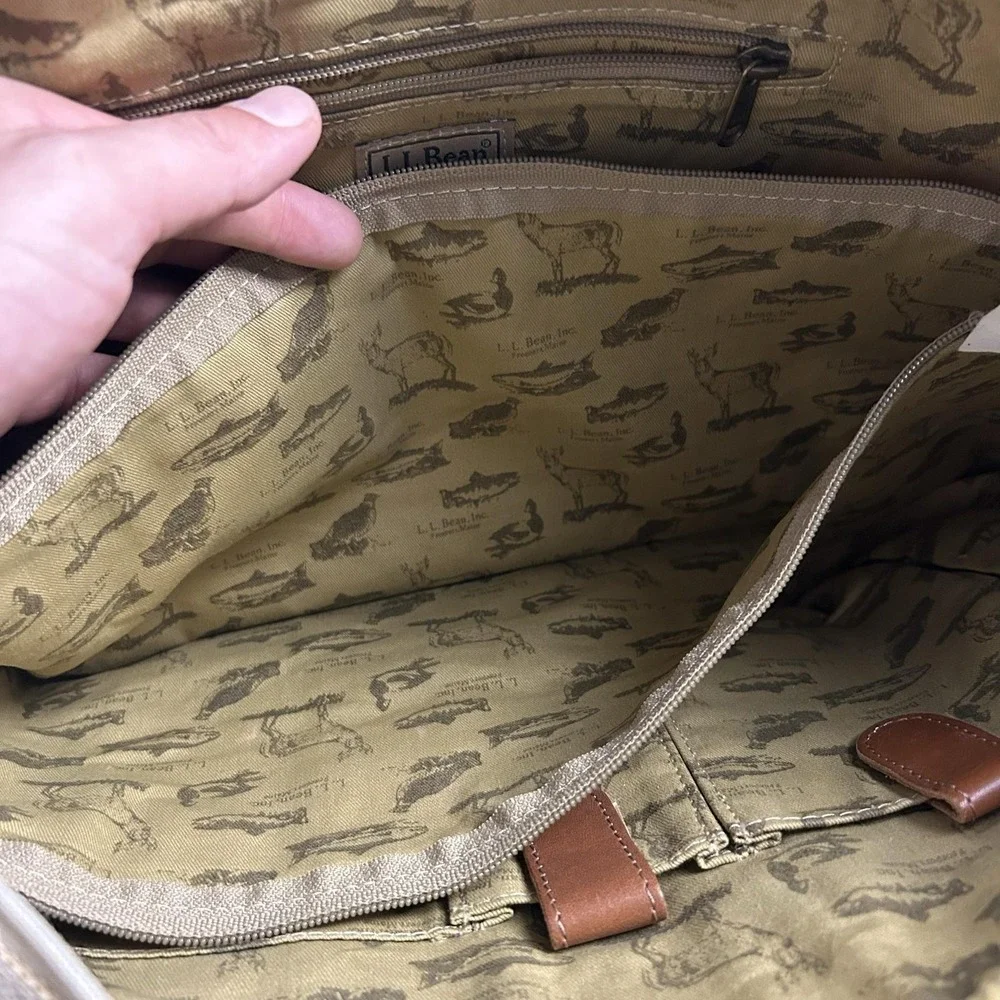 LL Bean Beige 23in Canvas Mens Tote Bag Leather Trim Travel Weekend Work